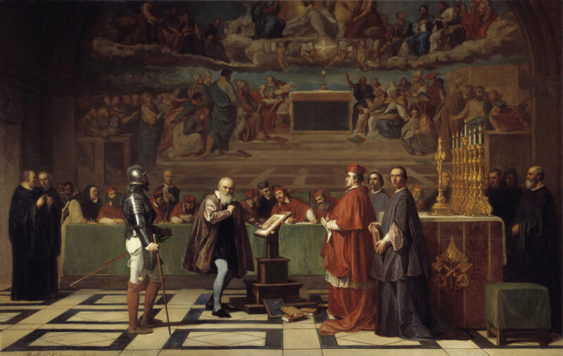 Wikimedia common: A 19th-century depiction of Galileo before the Holy Office, by Joseph-Nicolas Robert-Fleury File:Galileo before the Holy Office - Joseph-Nicolas Robert-Fleury, 1847.png
